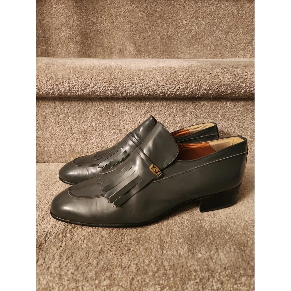 YSL Yves Saint Laurent Men's Blue Gray Leather Loafers w/ Kiltie Fringe Size 10